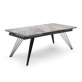 Table de repas extensible 160/240 cm céramique Italienne gris marbré brillant et pieds filaires inclinés métal noir - DAKOTA 01