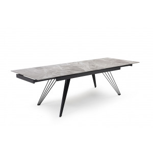 Table de repas extensible 160/240 cm céramique Italienne gris marbré brillant et pieds filaires inclinés métal noir - DAKOTA 01