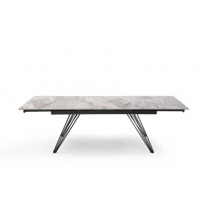 Table de repas extensible 160/240 cm céramique Italienne gris marbré brillant et pieds filaires inclinés métal noir - DAKOTA 01