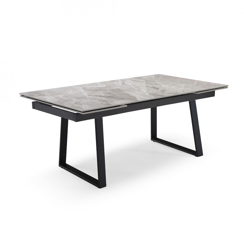 Table de repas extensible 160/240 cm céramique Italienne gris marbré brillant et pieds luge métal noir - DAKOTA 02