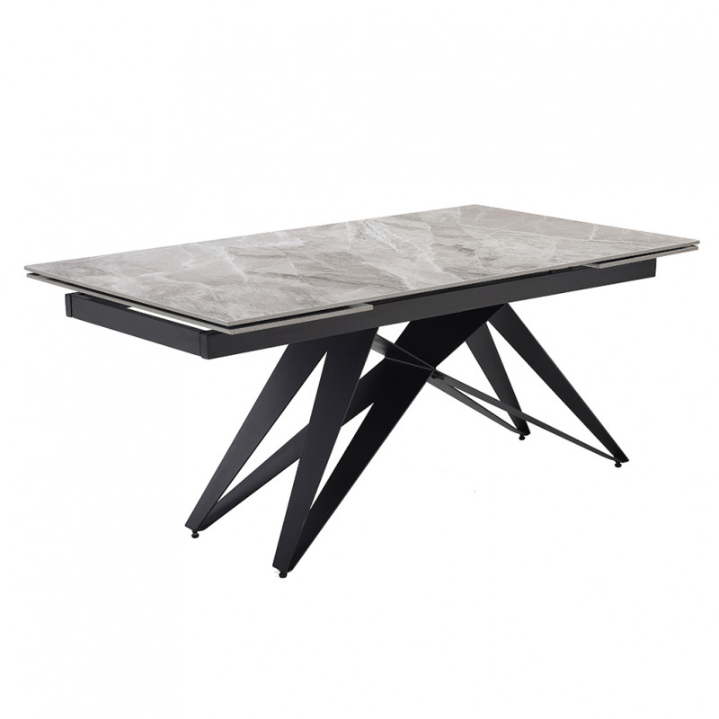 Table de repas extensible 160/240 cm céramique Italienne gris marbré brillant et pied géométrique luge métal noir - DAKOTA 03