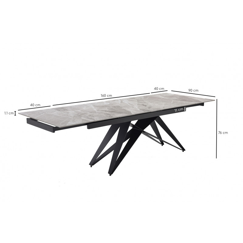 Table de repas extensible 160/240 cm céramique Italienne gris marbré brillant et pied géométrique luge métal noir - DAKOTA 03