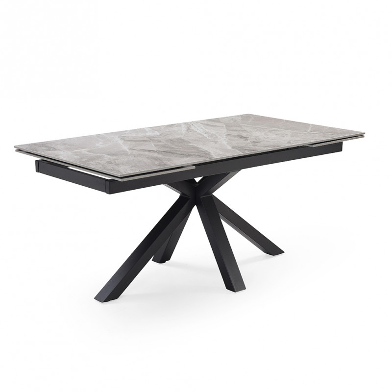 Table de repas extensible 160/240 cm céramique Italienne gris marbré brillant et pied épais croisé en métal noir - DAKOTA 04