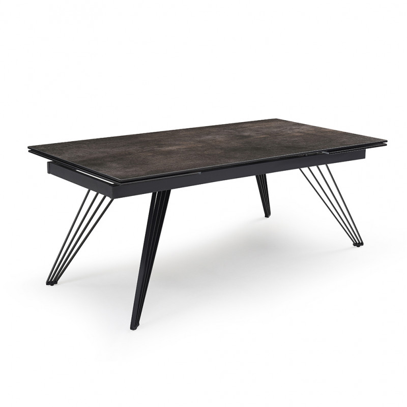 Table de repas extensible 160/240 cm céramique Espagnole gris vieilli mat et pieds filaires inclinés métal noir - MAINE 01