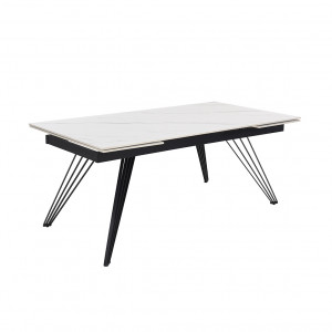 Table de repas extensible 160/240 cm céramique blanc marbré mat et pieds filaires inclinés métal noir - NEVADA 01