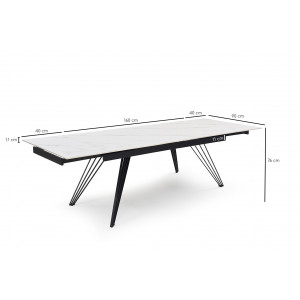 Table de repas extensible 160/240 cm céramique blanc marbré mat et pieds filaires inclinés métal noir - NEVADA 01