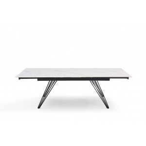 Table de repas extensible 160/240 cm céramique blanc marbré mat et pieds filaires inclinés métal noir - NEVADA 01