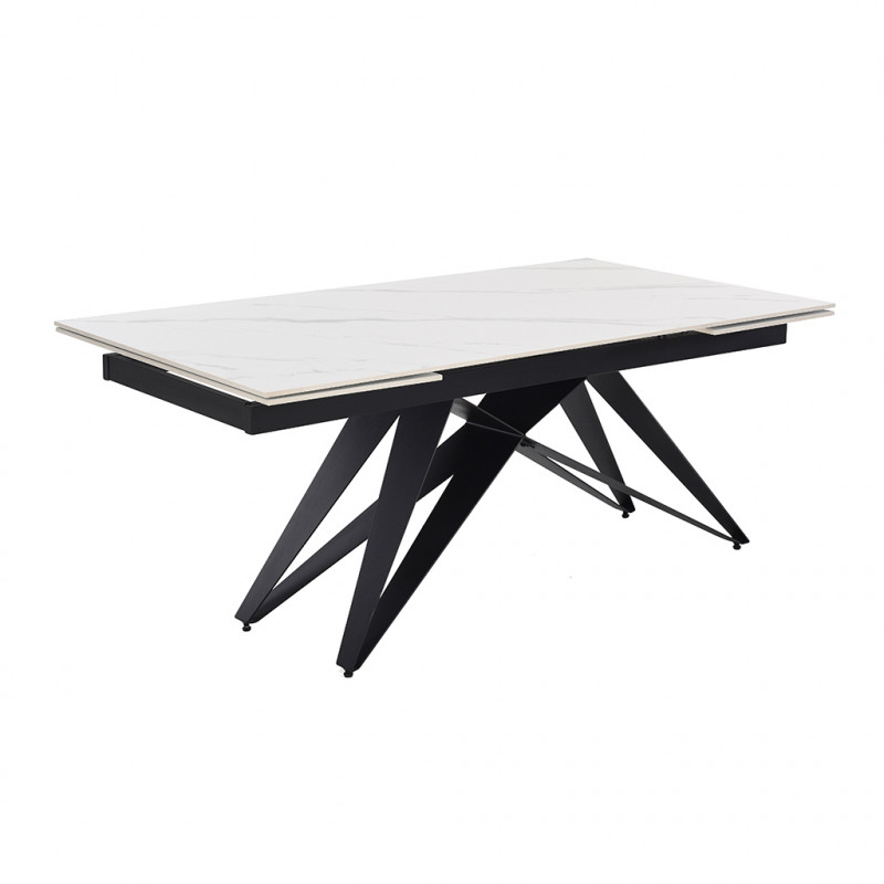 Table de repas extensible 160/240 cm céramique blanc marbré mat et pied géométrique luge métal noir - NEVADA 03