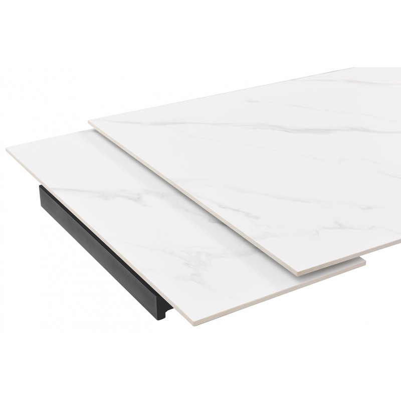 Table de repas extensible 160/240 cm céramique blanc marbré mat et pied géométrique luge métal noir - NEVADA 03