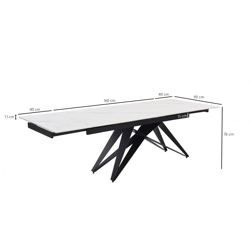 Table de repas extensible 160/240 cm céramique blanc marbré mat et pied géométrique luge métal noir - NEVADA 03