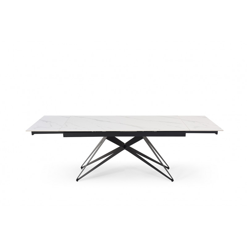 Table de repas extensible 160/240 cm céramique blanc marbré mat et pied géométrique luge métal noir - NEVADA 03