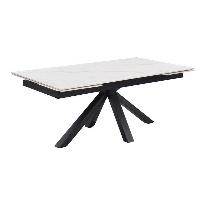 Table de repas extensible 160/240 cm céramique blanc marbré mat et pied épais croisé en métal noir - NEVADA 04