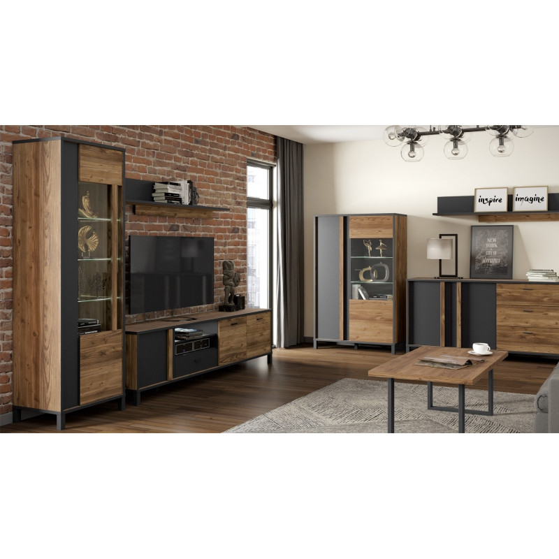 Meuble TV 57x200 décor bois clair avec piètement en métal noir - CELIA