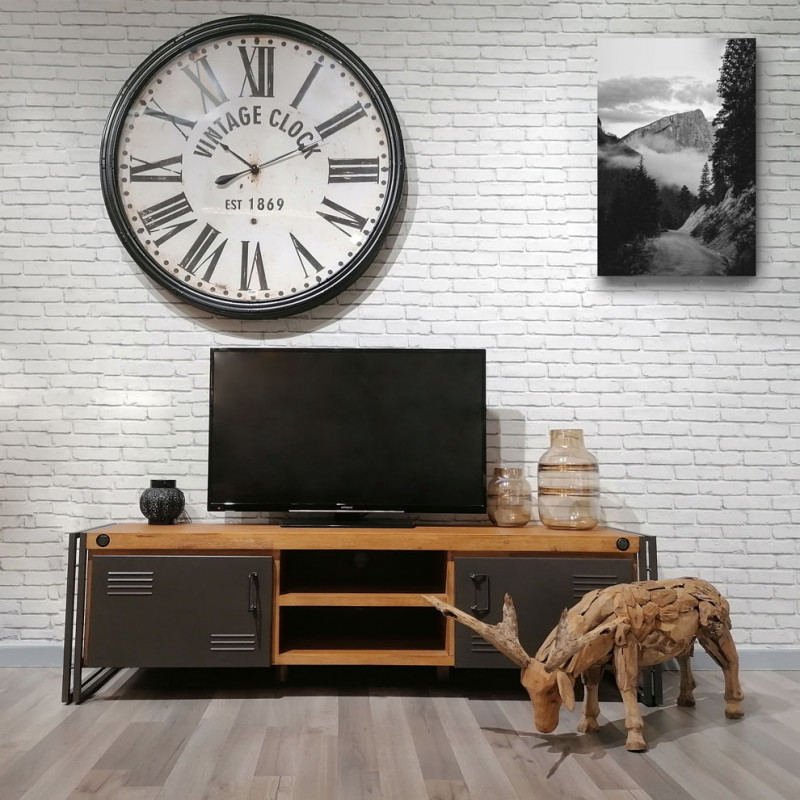 Meuble TV 180 cm 2 tiroirs 2 niches bois acacia et métal - WORKSHOP