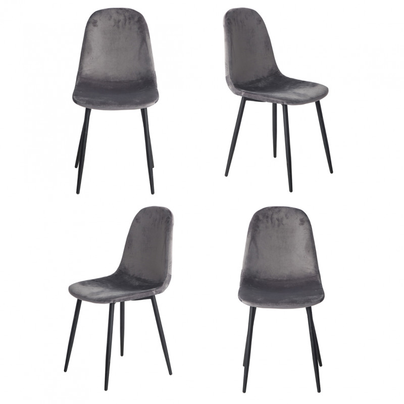 Lot de 4 chaises en velours gris foncé et pieds métal noir - BIBA