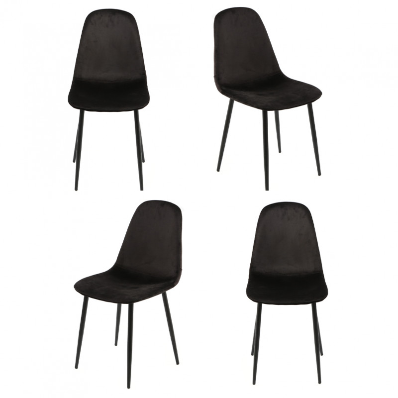 Lot de 4 chaises en velours noir et piètement en métal noir - BIBA