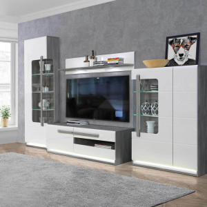 Meuble TV blanc et décor bois gris 1 placard et 2 tiroirs - ALEXIANE