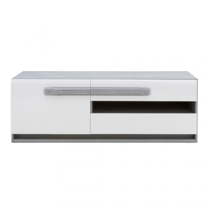 Meuble TV blanc et décor bois gris 1 placard et 2 tiroirs - ALEXIANE