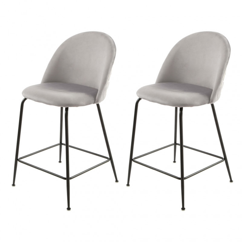 Lot de 2 chaises de bar en velours gris clair piètement métal - FARA