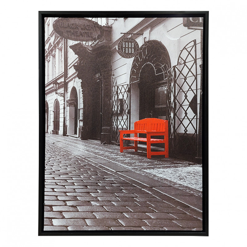 Tableau imprimé rue pavée noir et blanc et banc rouge sur cadre en bois noir 30x40 cm - Décoration vintage - STREET