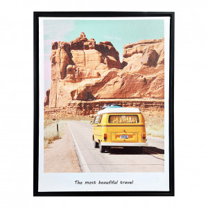 Tableau imprimé polaroid van jaune et canyon en couleur sur cadre en bois noir 30x40 cm - Décoration vintage - TRAVEL