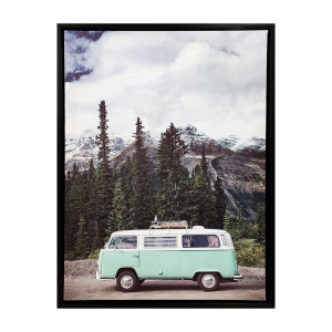 Tableau imprimé van vert et paysage de montagne sur cadre en bois noir 30x40 cm - Décoration vintage - WILD