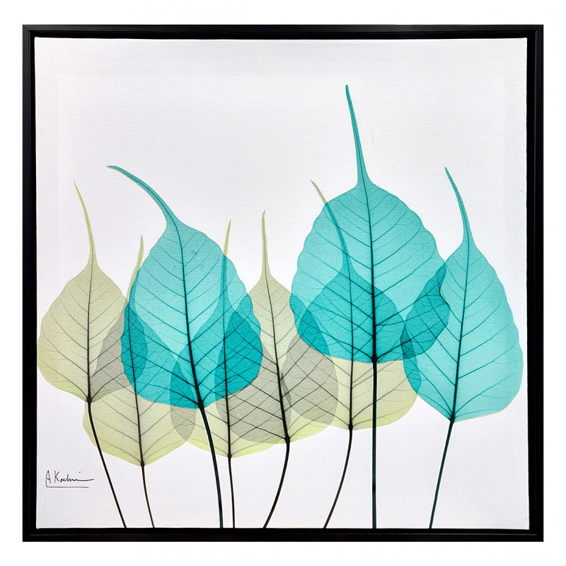 Tableau dessin aquarelle feuilles vert et bleu sur cadre en bois noir 40x40 cm - Décoration murale - LEAF