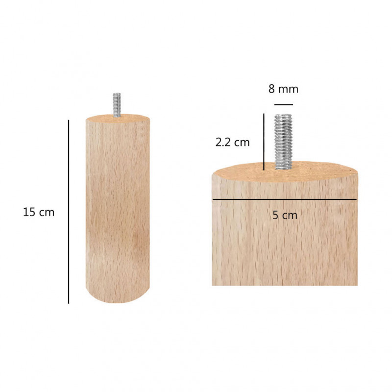 Lot de 4 pieds de meuble 15x5 rond en bois de hêtre - PIEDS DE LIT