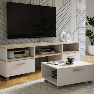 Meuble TV avec table basse à roulettes bois clair et blanchi - HELYA