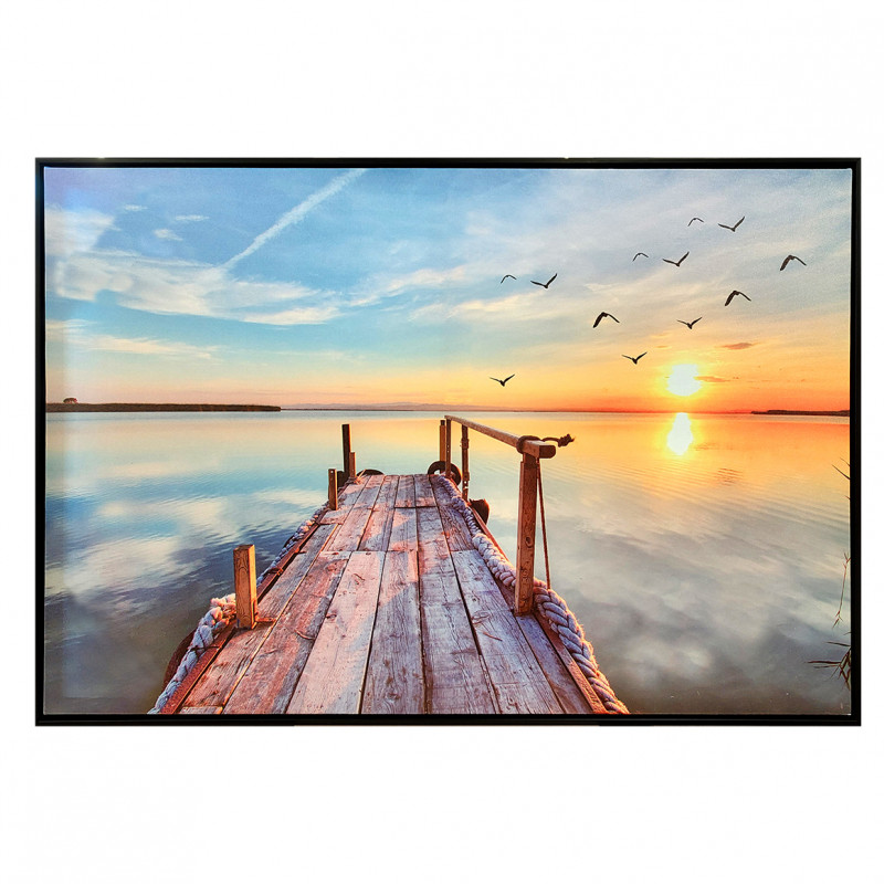 Tableau imprimé couché de soleil avec océan et ponton sur cadre en bois noir 60x90 cm - Décoration murale - SUNSET