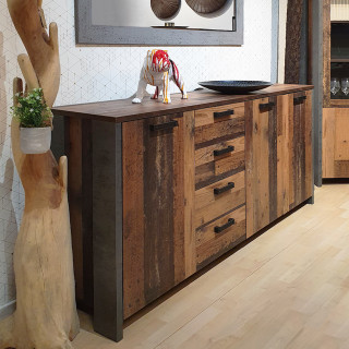 Buffet 3 portes et 4 tiroirs effet bois vieilli et béton gris - BUCK
