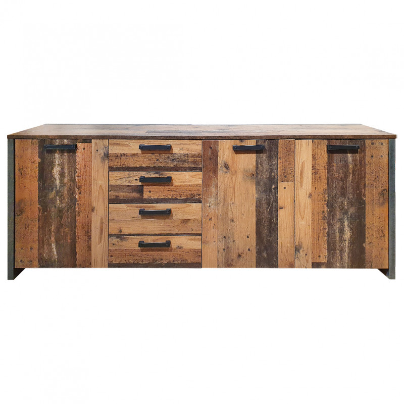 Buffet 206 cm 3 portes 4 tiroirs décor bois vieilli et béton - BUCK