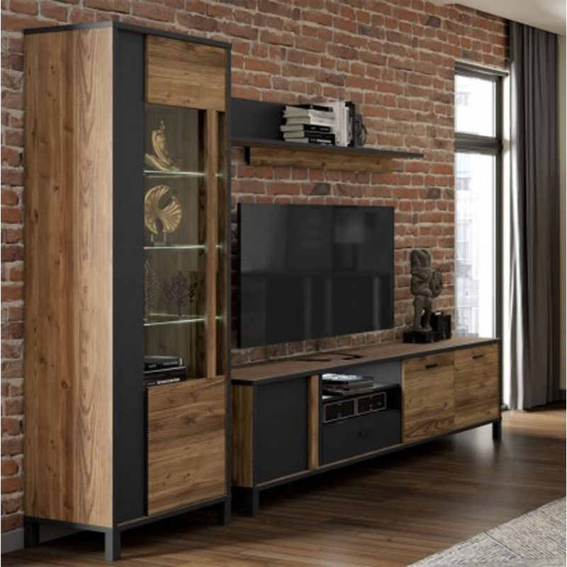 Etagère en panneaux de particules décor bois et métal noir – CELIA