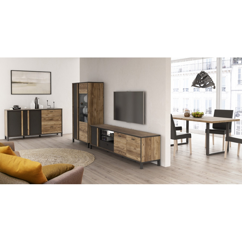 Meuble TV 57x200 décor bois clair avec piètement en métal noir - CELIA