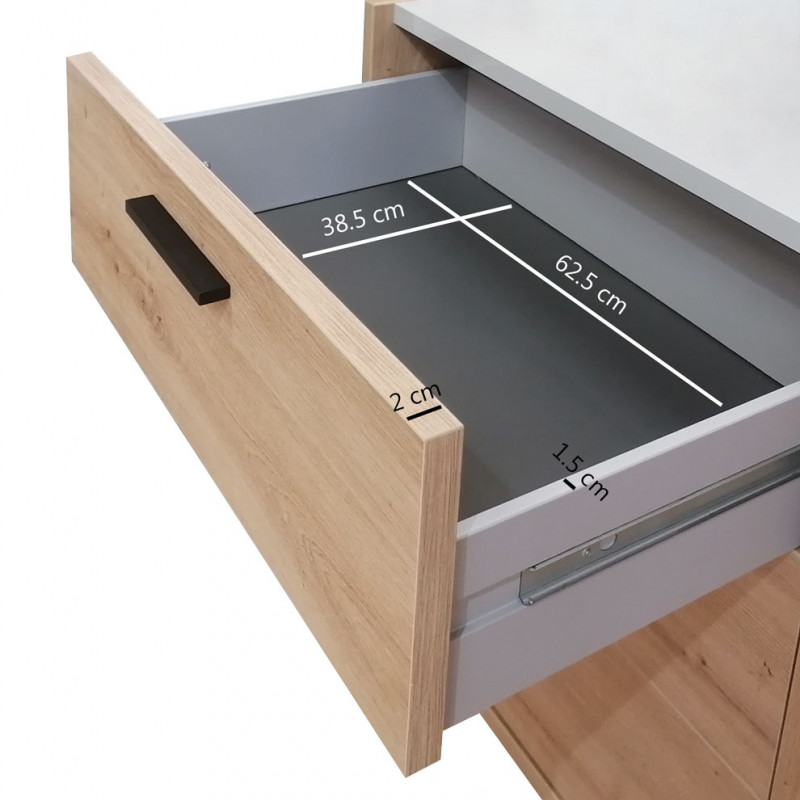 Commode 1 porte et 3 tiroirs décor chêne clair et gris laqué - MILOS