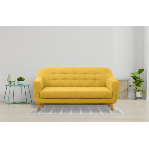 Canapé droit 2 places en tissu doux jaune dossier capitonné avec accoudoirs et pieds bois inclinés - TRACY