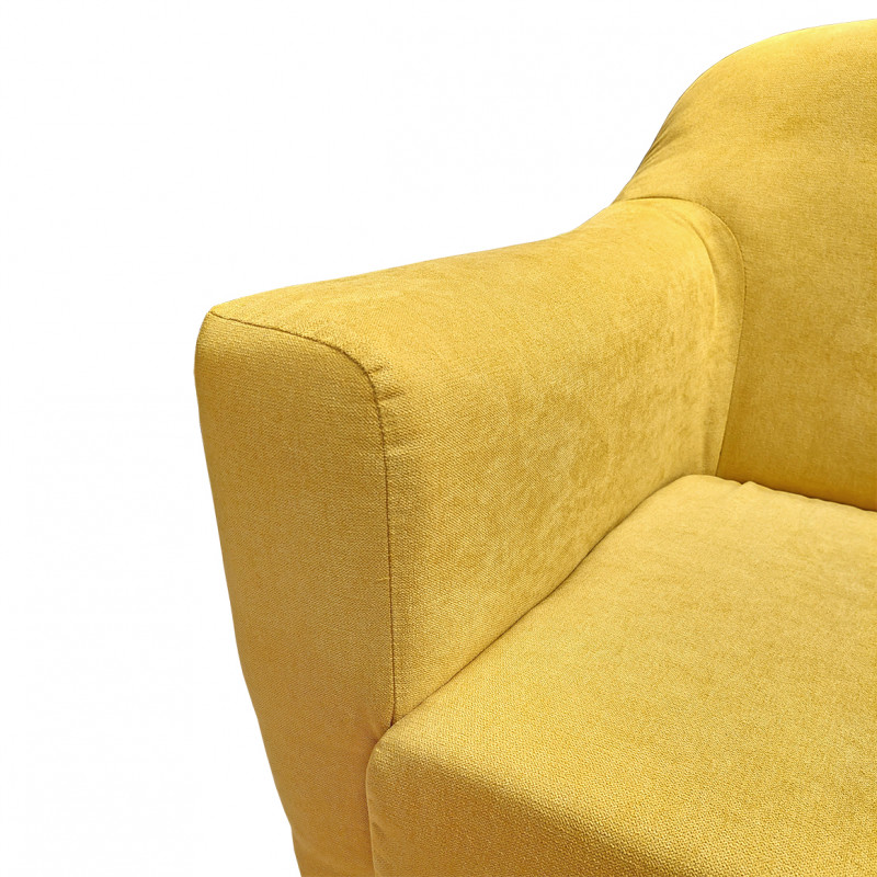Canapé droit 2 places en tissu doux jaune dossier capitonné avec accoudoirs et pieds bois inclinés - TRACY
