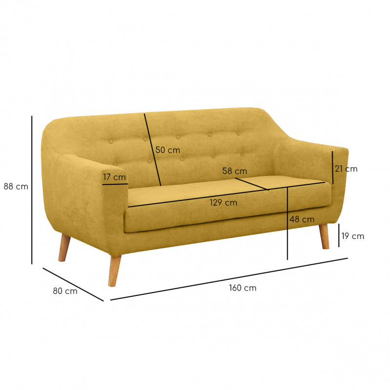Canapé droit 2 places en tissu doux jaune dossier capitonné avec accoudoirs et pieds bois inclinés - TRACY