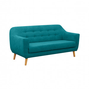 Canapé droit 2 places en tissu doux bleu canard dossier capitonné avec accoudoirs et pieds bois inclinés - TRACY