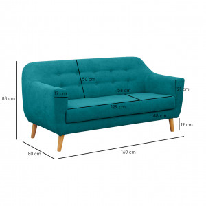 Canapé droit 2 places en tissu doux bleu canard dossier capitonné avec accoudoirs et pieds bois inclinés - TRACY