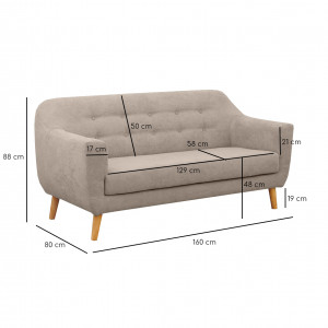 Canapé droit 2 places en tissu doux taupe dossier capitonné avec accoudoirs et pieds bois inclinés - TRACY