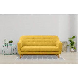 Canapé droit 3 places en tissu doux jaune dossier capitonné avec accoudoirs et pieds bois inclinés - TRACY