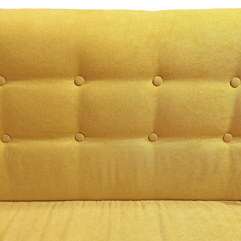 Canapé droit 3 places en tissu doux jaune dossier capitonné avec accoudoirs et pieds bois inclinés - TRACY