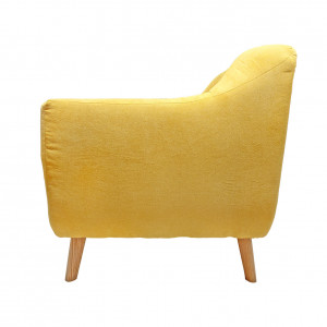 Canapé droit 3 places en tissu doux jaune dossier capitonné avec accoudoirs et pieds bois inclinés - TRACY