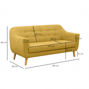 Canapé droit 3 places en tissu doux jaune dossier capitonné avec accoudoirs et pieds bois inclinés - TRACY