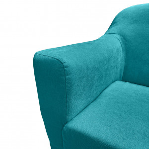 Canapé droit 3 places en tissu doux bleu canard dossier capitonné avec accoudoirs et pieds bois inclinés - TRACY