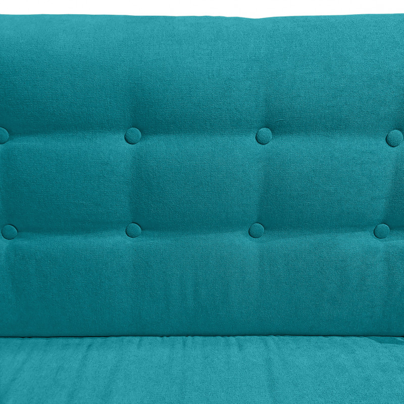Canapé droit 3 places en tissu doux bleu canard dossier capitonné avec accoudoirs et pieds bois inclinés - TRACY