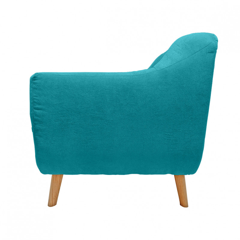 Canapé droit 3 places en tissu doux bleu canard dossier capitonné avec accoudoirs et pieds bois inclinés - TRACY
