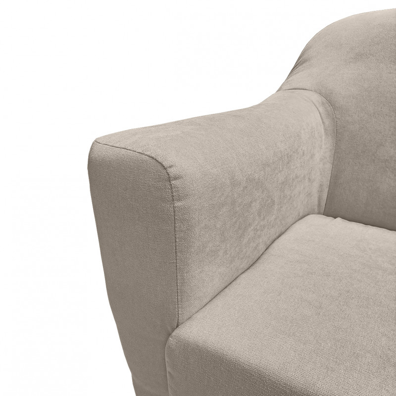 Canapé droit 3 places en tissu doux taupe dossier capitonné avec accoudoirs et pieds bois inclinés - TRACY