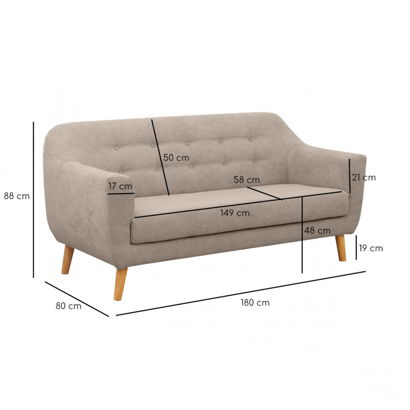 Canapé droit 3 places en tissu doux taupe dossier capitonné avec accoudoirs et pieds bois inclinés - TRACY